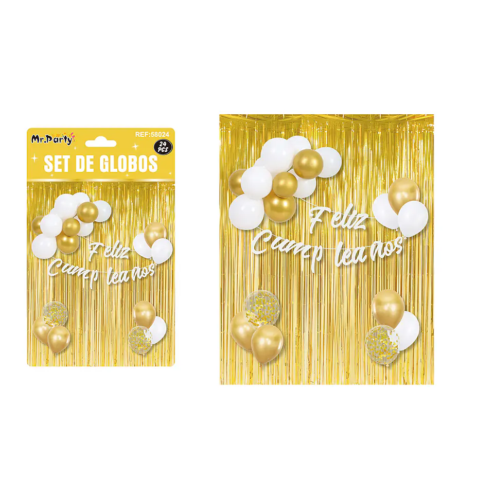 Set de globos y guirnalda con cortina metálicas dorado 24pcs 1