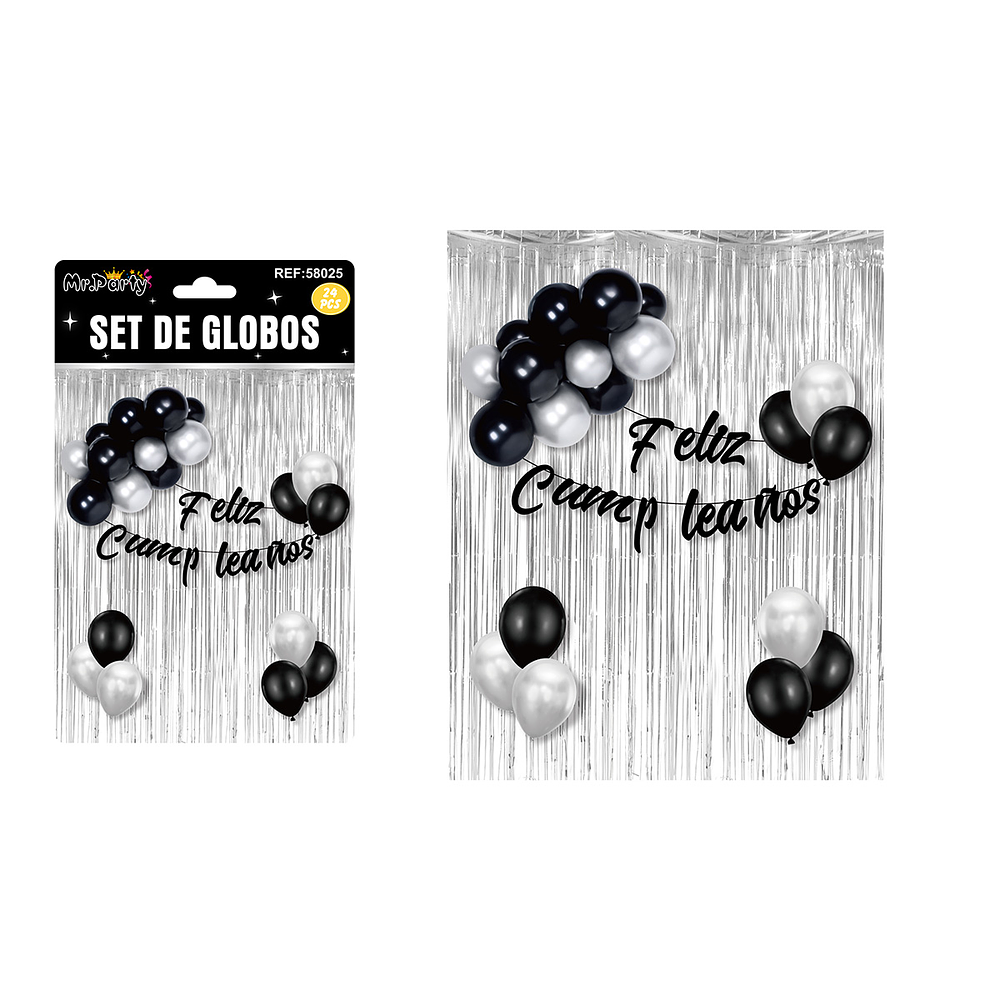 Set de globos y guirnalda con cortina metálicas plateado 24pcs