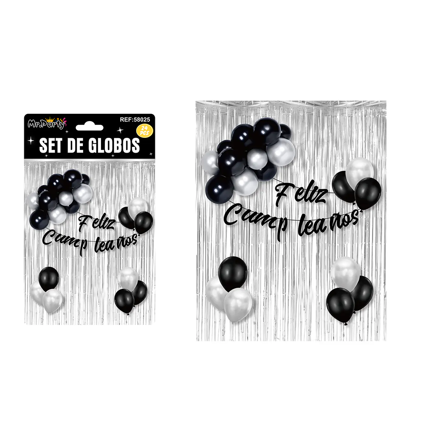 Set de globos y guirnalda con cortina metálicas plateado 24pcs 1