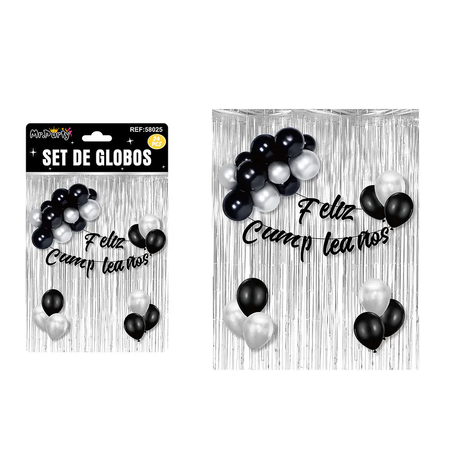 Set de globos y guirnalda con cortina metálicas plateado 24pcs 1