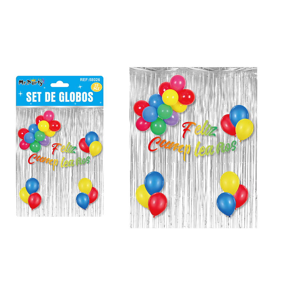 Set de globos y guirnalda con cortina metálicas plateado 24pcs
