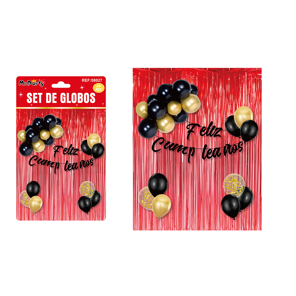Set de globos y guirnalda con cortina metálicas rojo 24pcs
