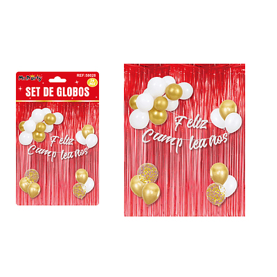 Set de globos y guirnalda con cortina metálicas rojo 24pcs