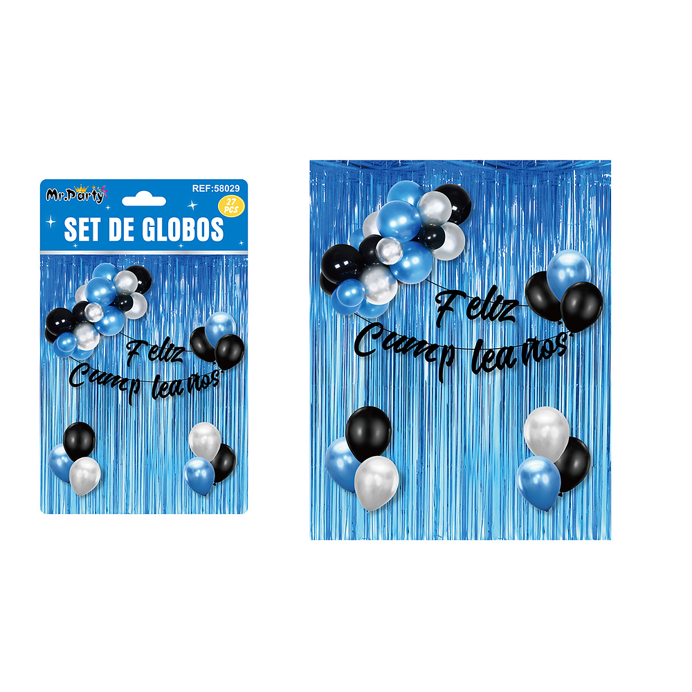 Set de globos y guirnalda con cortina metálicas azul 27pcs