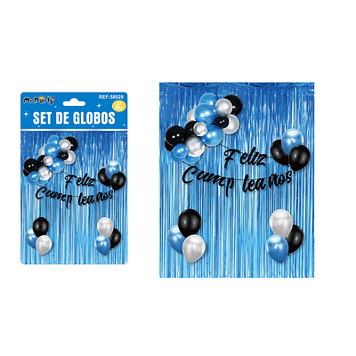 Set de globos y guirnalda con cortina metálicas azul 27pcs