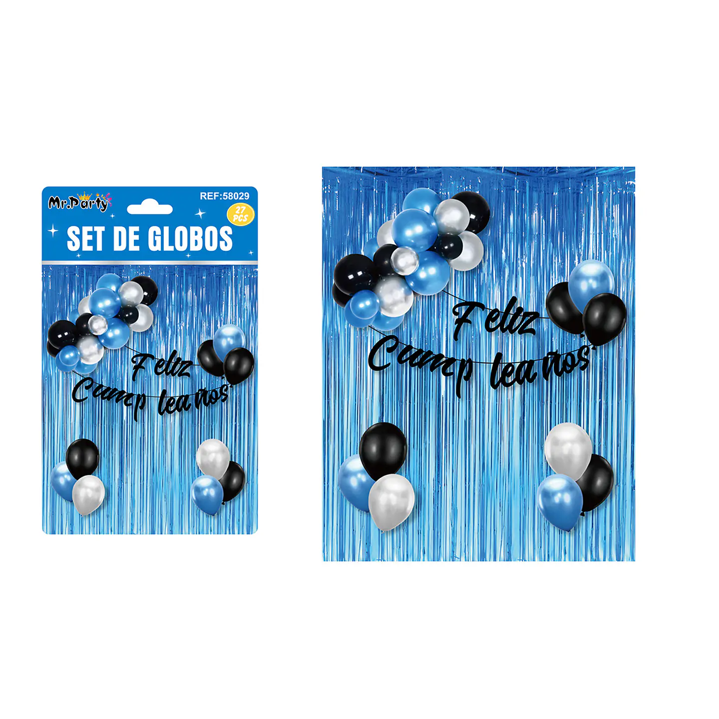 Set de globos y guirnalda con cortina metálicas azul 27pcs 1