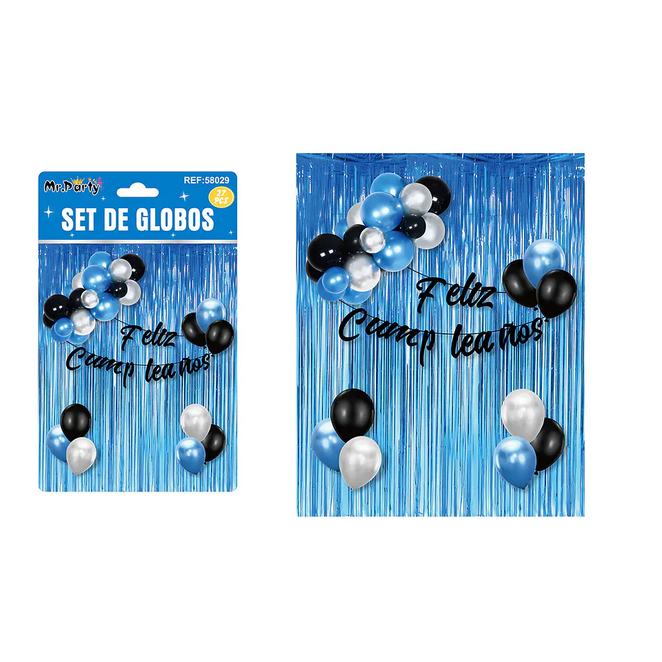 Set de globos y guirnalda con cortina metálicas azul 27pcs 1