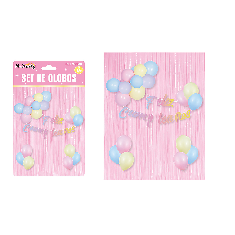 Set de globos y guirnalda con cortina metálicas rosa 22pcs