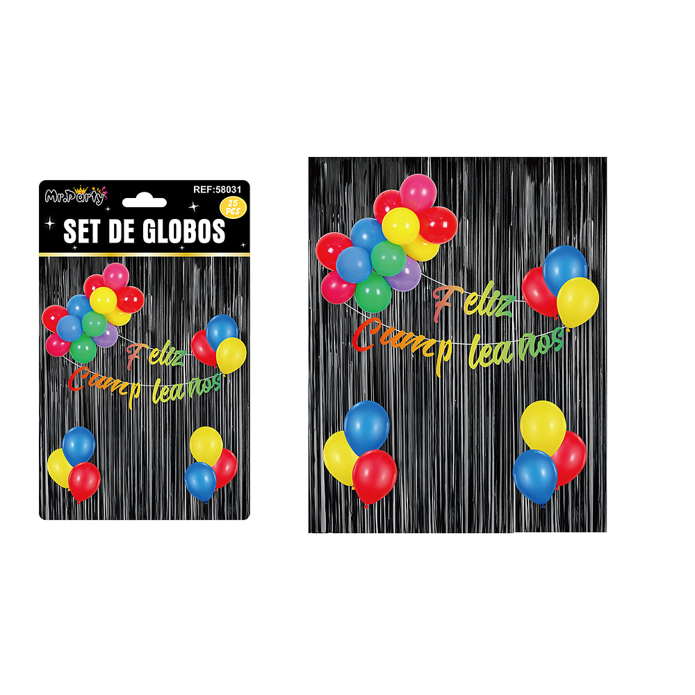 Set de globos y guirnalda con cortina metálicas negro 25pcs
