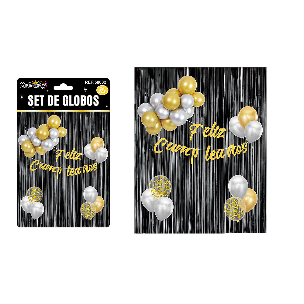 Set de globos y guirnalda con cortina metálicas negro 26pcs