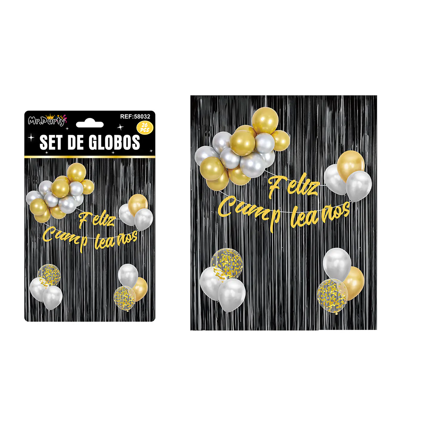 Set de globos y guirnalda con cortina metálicas negro 26pcs 1