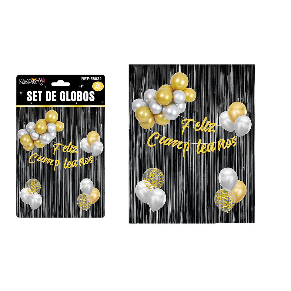 Set de globos y guirnalda con cortina metálicas negro 26pcs 1