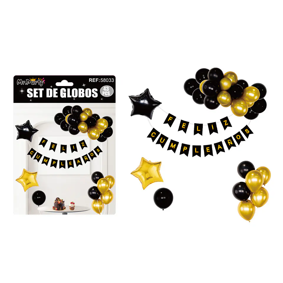 Set de globos cumpleaños y guirnalda negro y dorado 42pcs 1