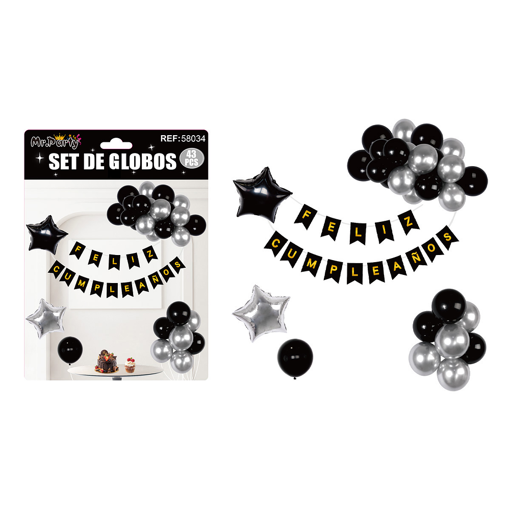 Set de globos cumpleaños y guirnalda negro y plateado 42pcs