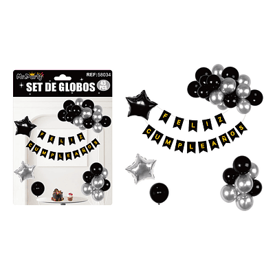 Set de globos cumpleaños y guirnalda negro y plateado 42pcs