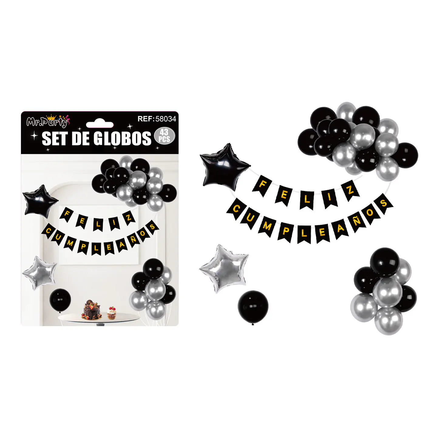 Set de globos cumpleaños y guirnalda negro y plateado 42pcs 1