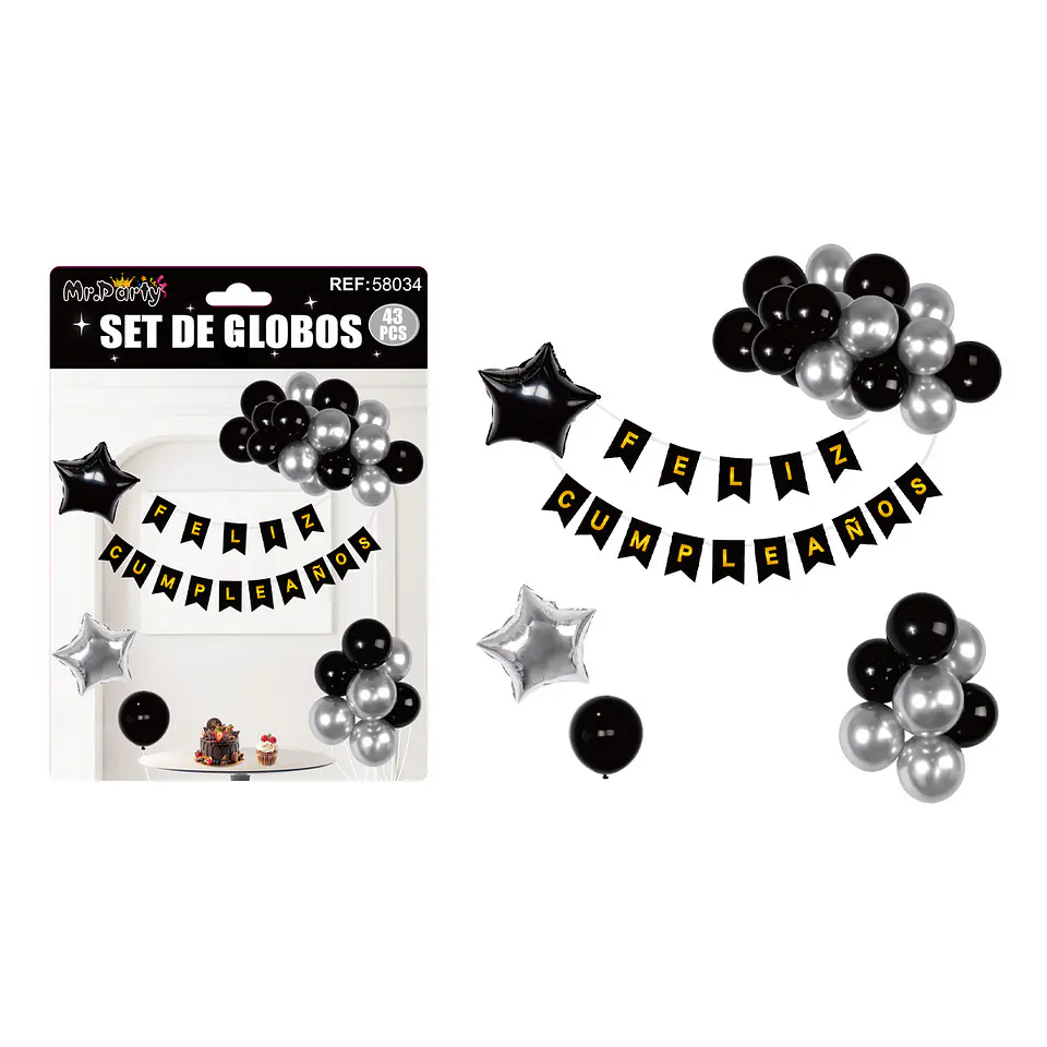Set de globos cumpleaños y guirnalda negro y plateado 42pcs 1