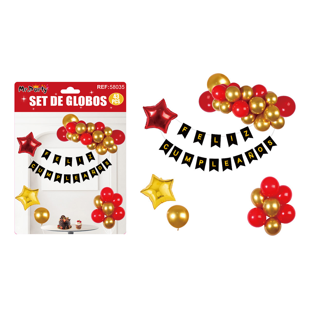 Set de globos cumpleaños y guirnalda rojo y dorado 42pcs