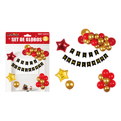Set de globos cumpleaños y guirnalda rojo y dorado 42pcs