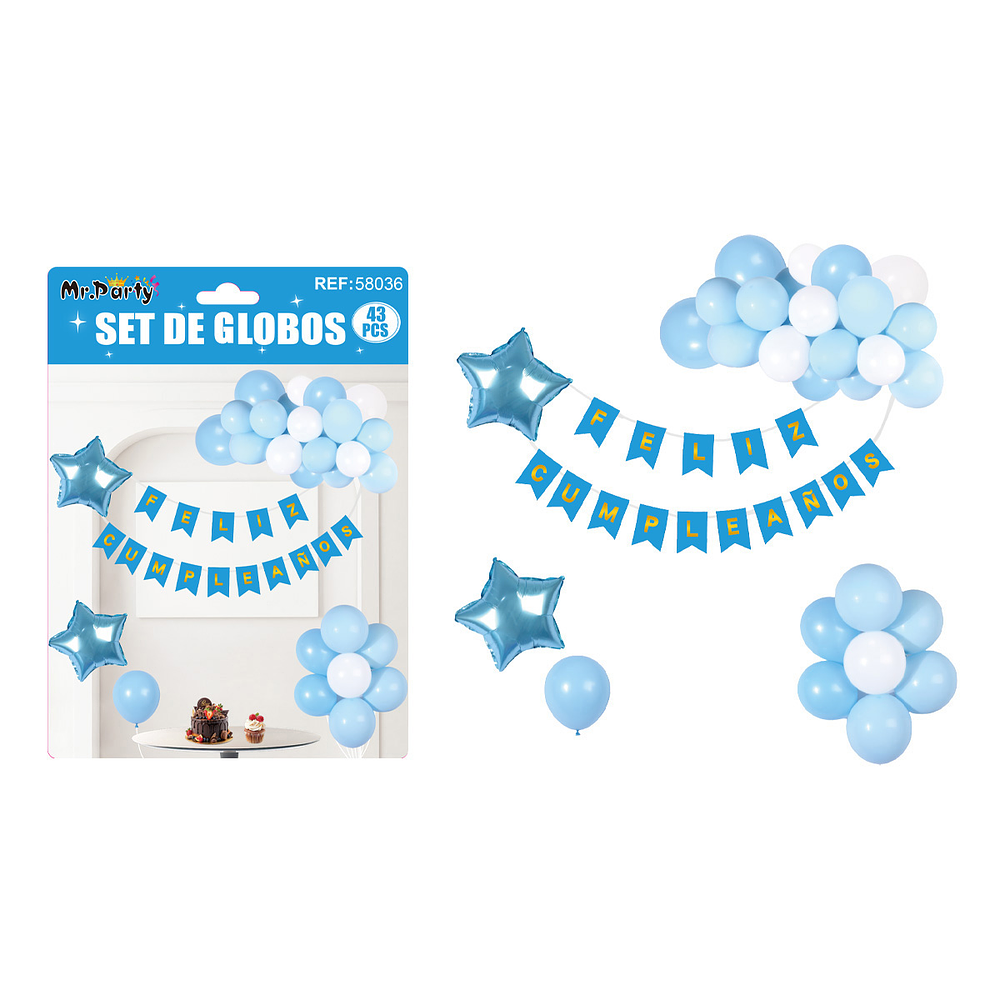 Set de globos cumpleaños y guirnalda celeste 42pcs