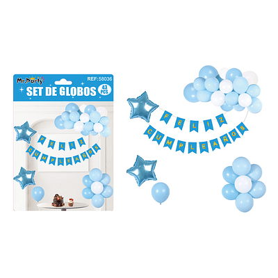 Set de globos cumpleaños y guirnalda celeste 42pcs