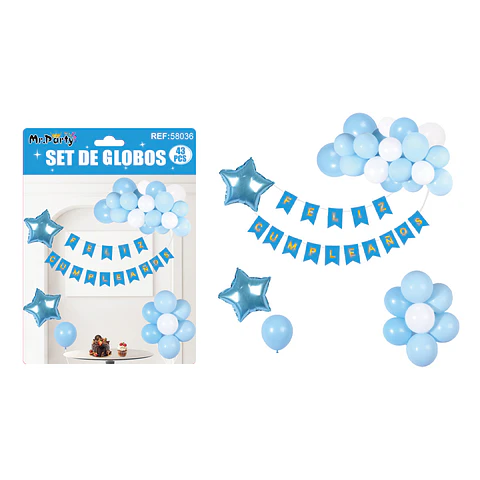 Set de globos cumpleaños y guirnalda celeste 42pcs