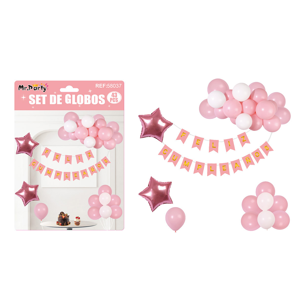 Set de globos cumpleaños y guirnalda rosado 42pcs
