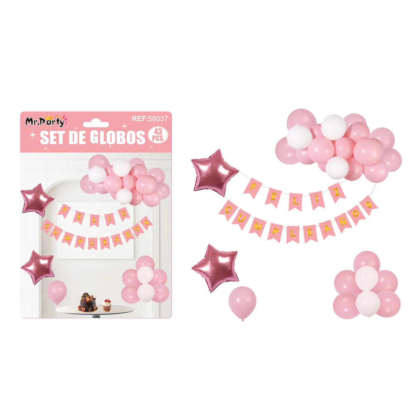 Set de globos cumpleaños y guirnalda rosado 42pcs 1