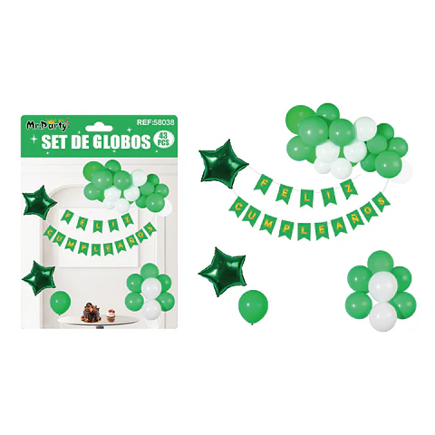 Set de globos cumpleaños y guirnalda verde 42pcs