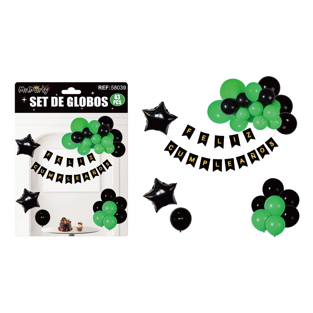 Set de globos cumpleaños y guirnalda verde y negro 42pcs
