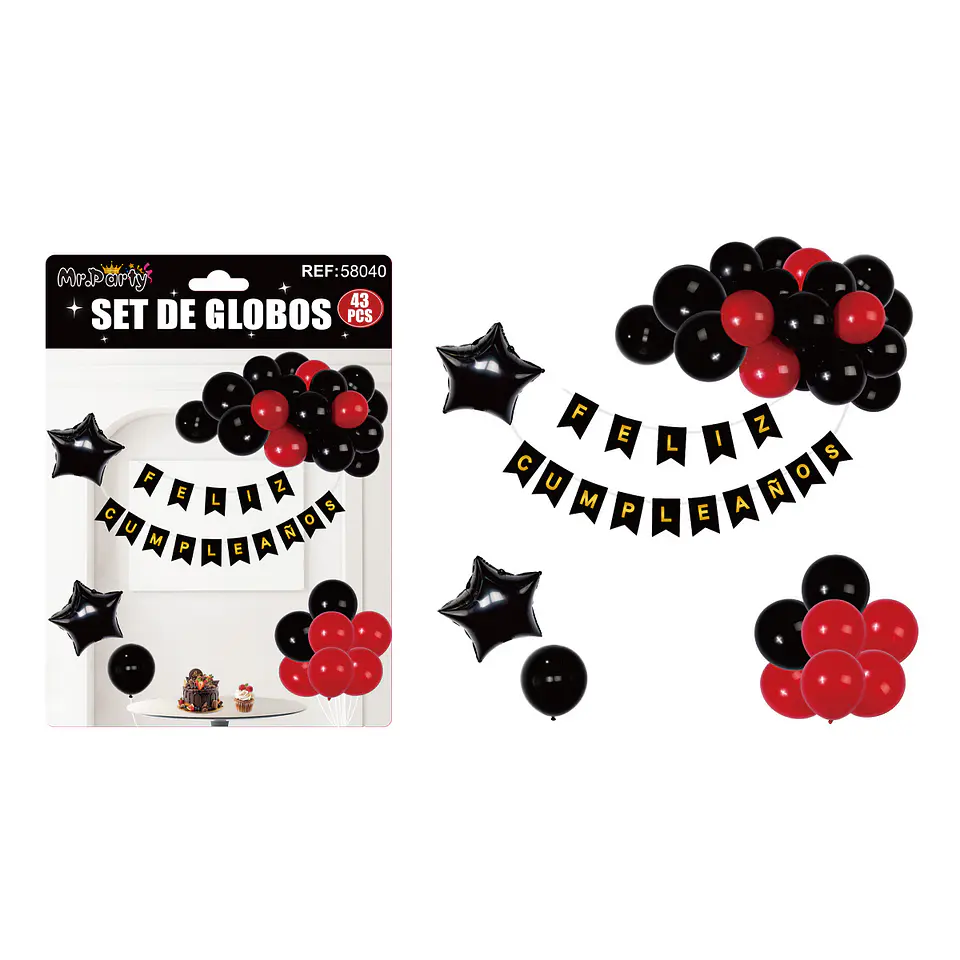 Set de globos cumpleaños y guirnalda negro y rojo 42pcs 1