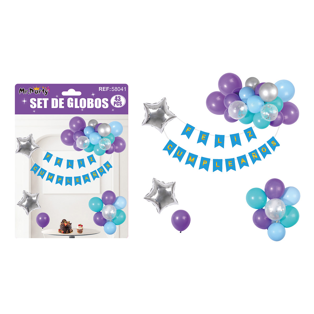 Set de globos cumpleaños y guirnalda morado y celeste 42pcs