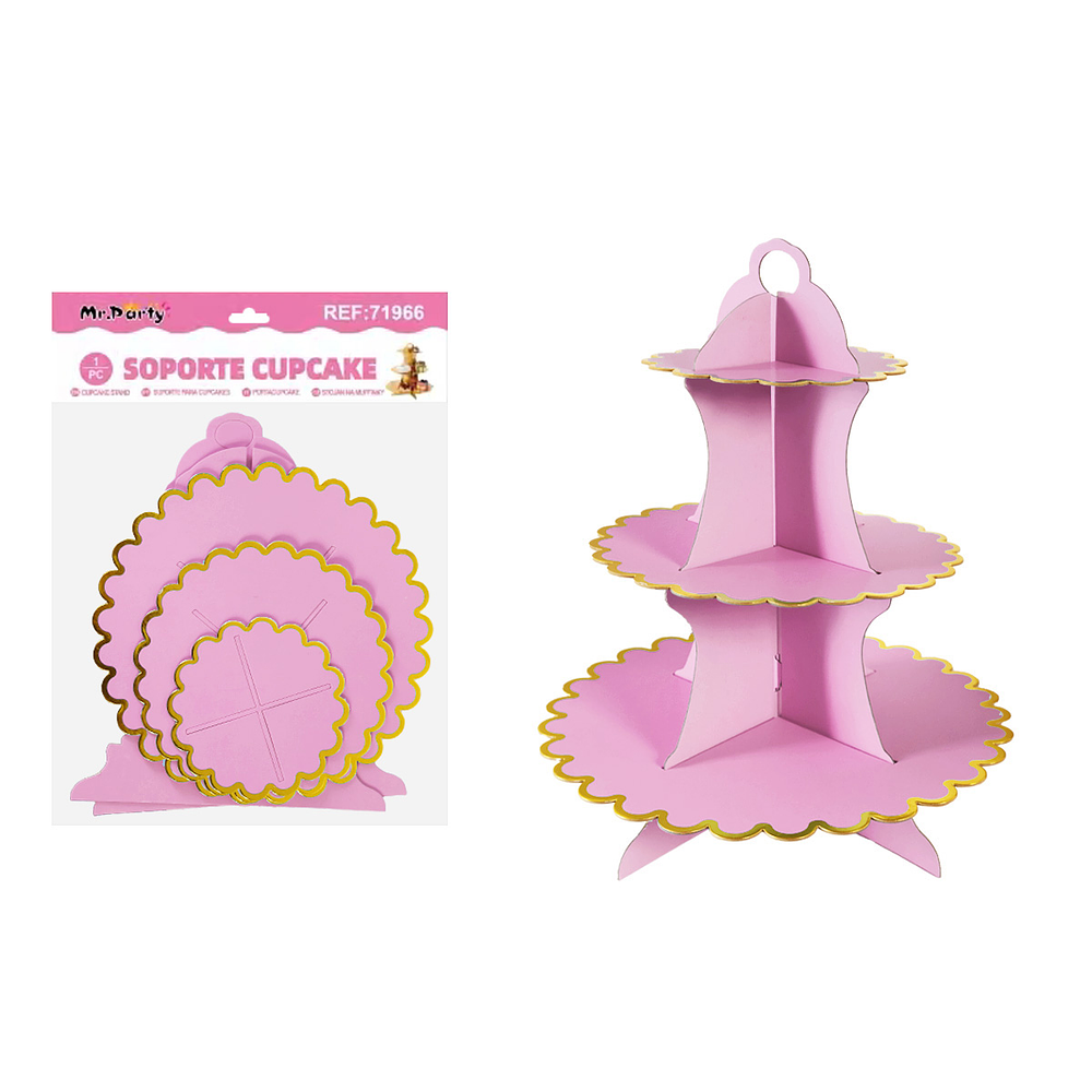 Soportes para pastel de tres niveles rosa con borde dorado