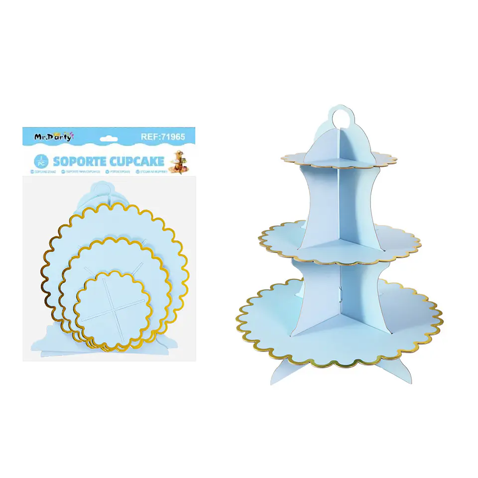 Soportes para pastel de tres niveles celeste con borde dorado 1