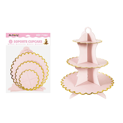 Soportes para pastel de tres niveles rosa claro con borde dorado