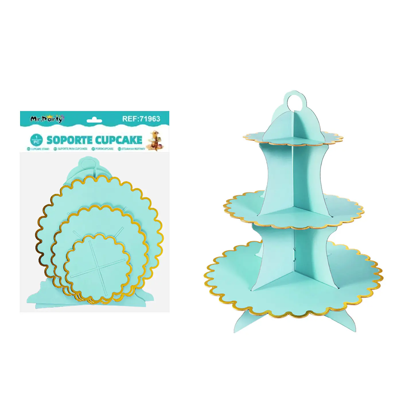 Soportes para pastel de tres niveles azul celeste con borde dorado 1