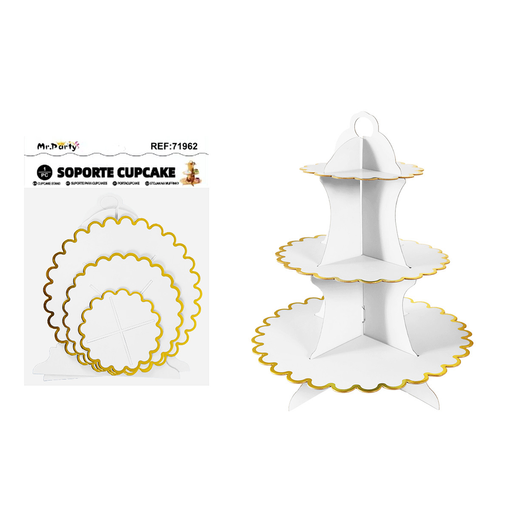 Soportes para pastel de tres niveles blanco con borde dorado