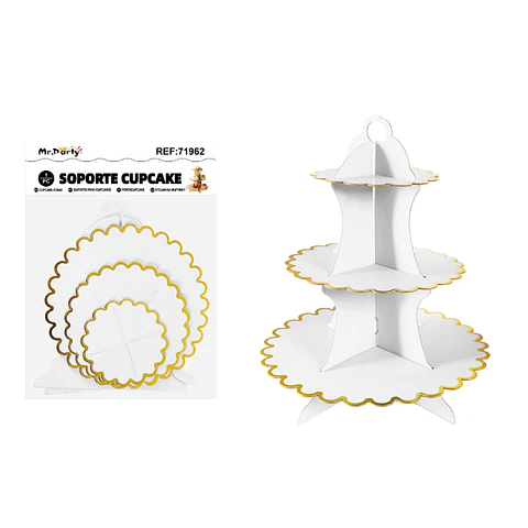 Soportes para pastel de tres niveles blanco con borde dorado
