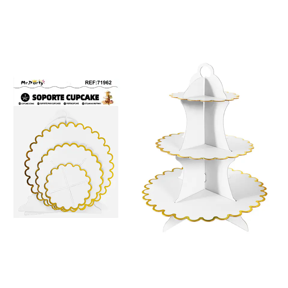 Soportes para pastel de tres niveles blanco con borde dorado 1
