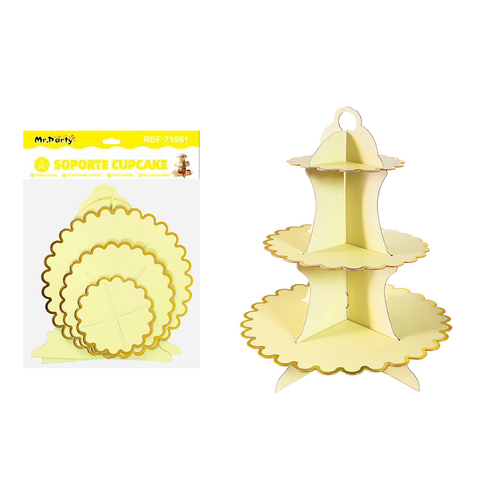 Soportes para pastel de tres niveles amarillo con borde dorado