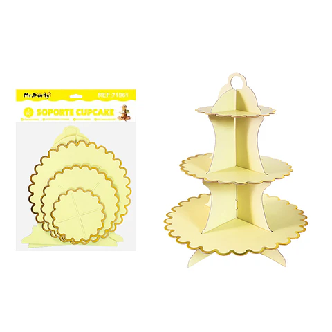 Soportes para pastel de tres niveles amarillo con borde dorado