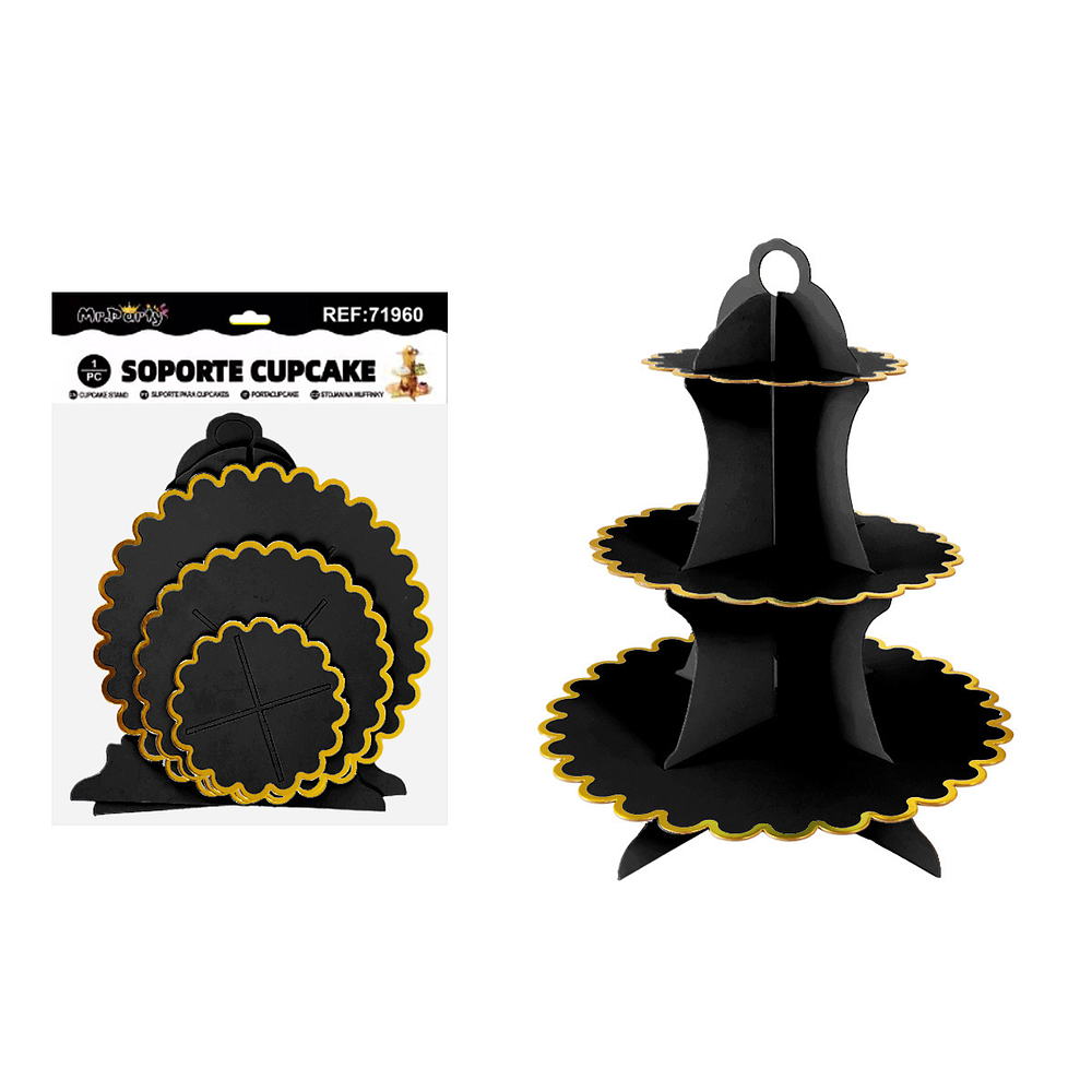 Soportes para pastel de tres niveles negro con borde dorado