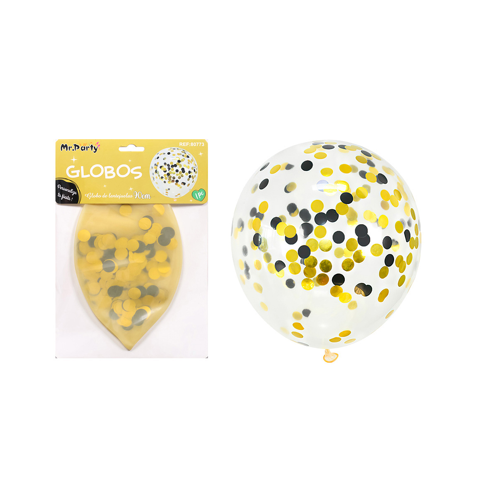 Globos de látex con confetti de redondo dorado y negro 90cm