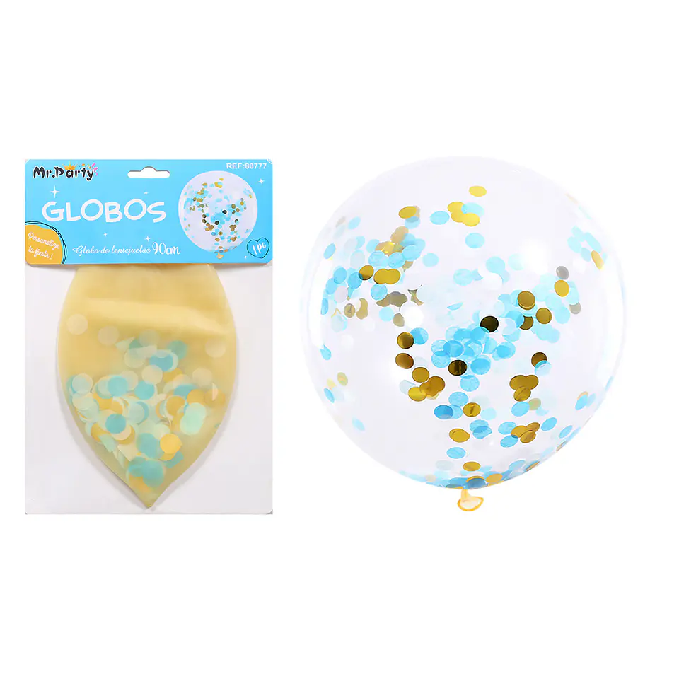 Globos de látex con confetti de redondo dorado y azul 90cm 1