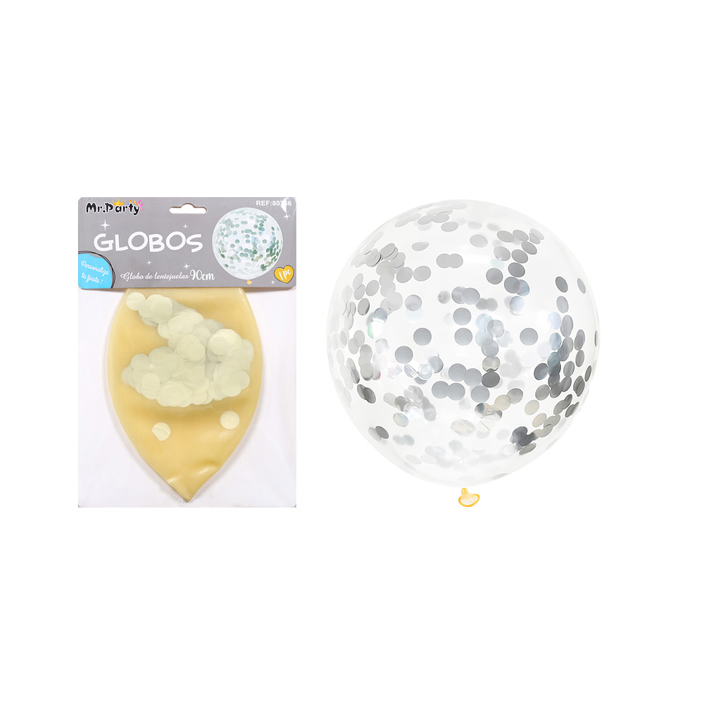 Globos de látex con confetti de redondo plateado 90cm