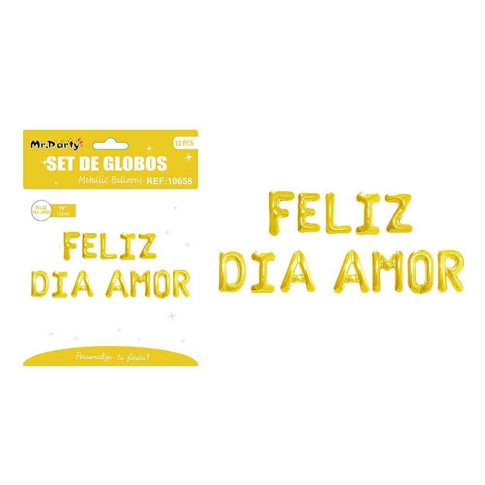 Set de globos metálicos dorado FELIZ DÍA AMOR 12pcs