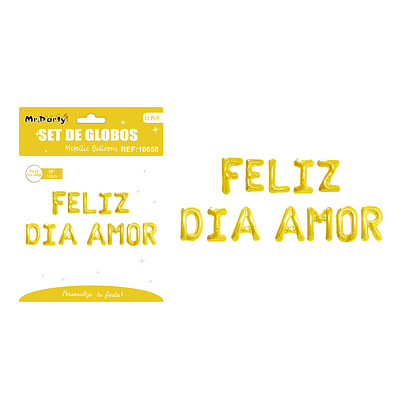 Set de globos metálicos dorado FELIZ DÍA AMOR 12pcs