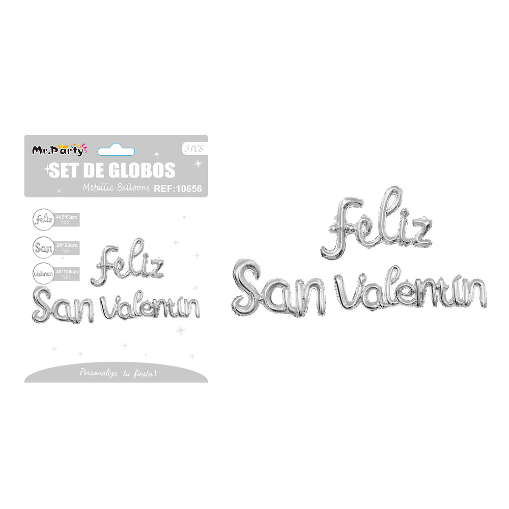 Set de globos metálicos FELIZ SAN VALENTÍN plateado 44.5cm*63cm / 28*53cm / 46*108cm