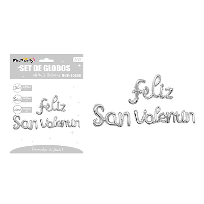 Set de globos metálicos FELIZ SAN VALENTÍN plateado 44.5cm*63cm / 28*53cm / 46*108cm