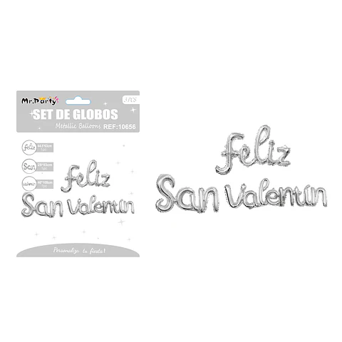 Set de globos metálicos FELIZ SAN VALENTÍN plateado 44.5cm*63cm / 28*53cm / 46*108cm